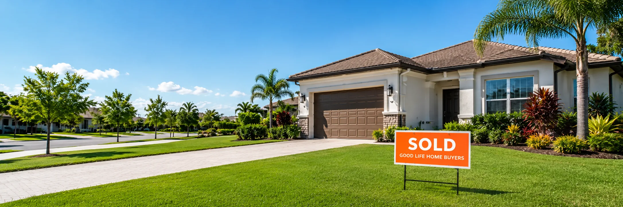 House exterior with a Good Life Home Buyers sold sign in the front yard